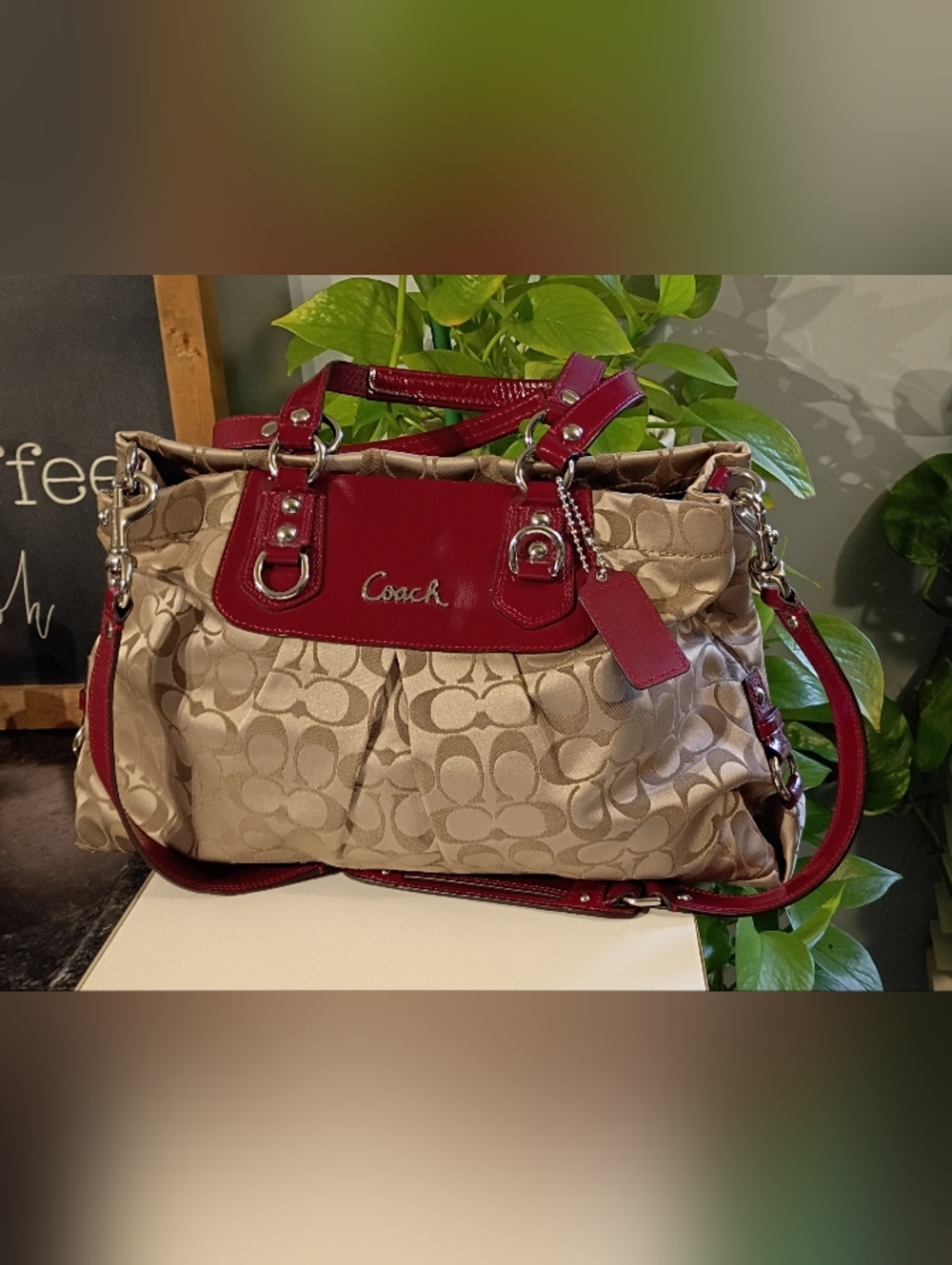 Coach Beige Signature Tote with Red Leather Accents